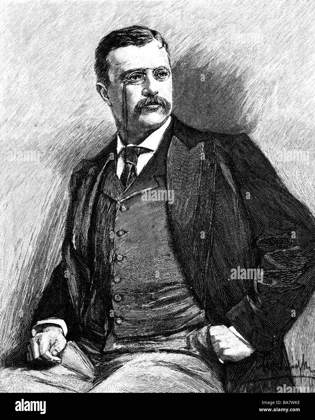 Roosevelt, Theodore 'Teddy', 27.10.1858 - 6.1.1919, politico americano (Rep.), 26th Presidente degli Stati Uniti 1901 - 1909, a metà lunghezza, incisione del legno, circa 1905, Foto Stock