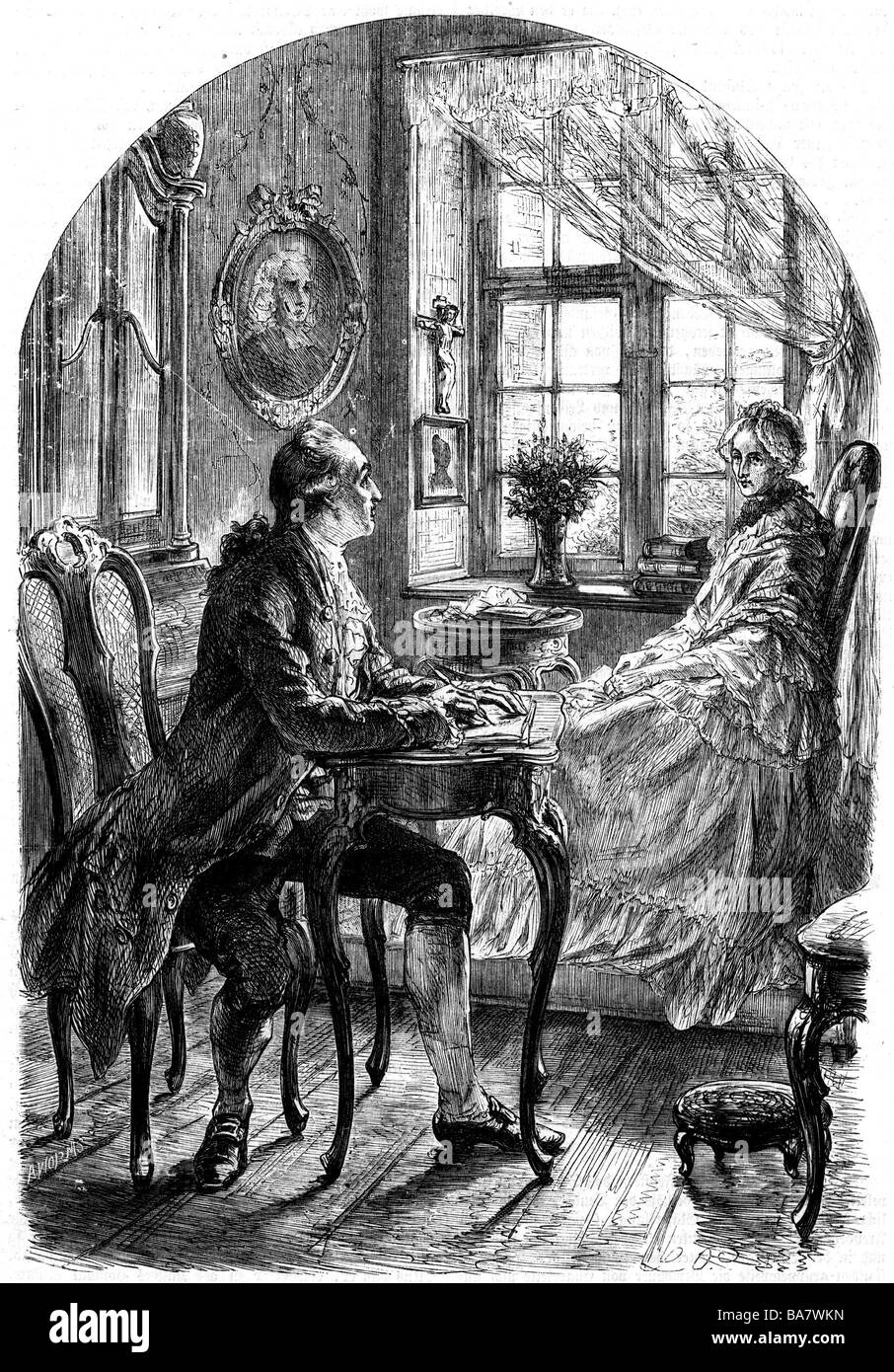 Goethe, Johann Wolfgang, 28.8.1749 - 22.3.1832, autore/scrittore tedesco, con Susanne von Klettenberg, incisione su legno, 19th secolo, Foto Stock