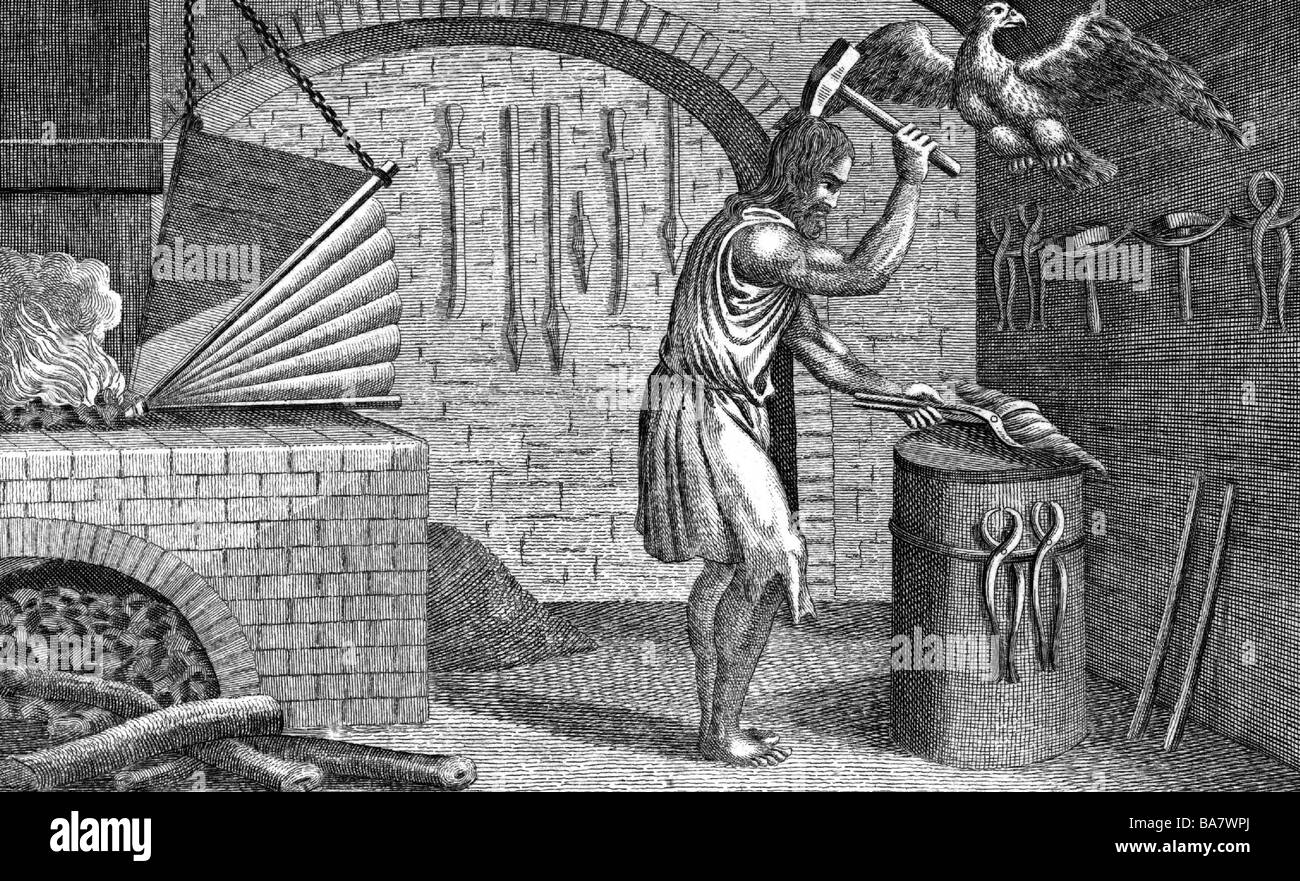 Hephaistos (lat. Vulcanus), divinità greca del fuoco, patrono degli artigiani e fabbri, a tutta lunghezza, lavorando in fabbro, incisione in legno, 19th secolo, Foto Stock