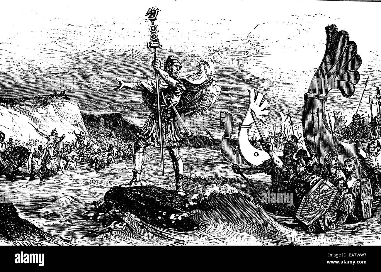 Guerra gallica 58 - 51 a.C., i Romani sotto il console Caio Giulio Cesare debarking in Britannia, 55 a.C., dell'aquilifer della legione 10th prende il comando, incisione in legno, 19th secolo, primo sbarco, battaglia, battaglie, standard, onda, onde, mare, mari, Impero Romano, Gran Bretagna, Inghilterra, mondo antico, tempi antichi, Invasione, costa, costa, coste, coste, dover, Kent, Repubblica romana, soldati, soldato, legionaire, legionaries, fanteria, nave, navi, navi da guerra, navi da guerra, Manica, attraversamento, attraversamento, attraversamenti, traversate, esercito romano, forze armate, Celt, Cel, Foto Stock