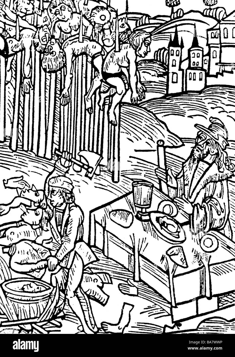 Vlad III l'Impalatore, 7.12.1431 - dicembre 1476, Principe di Wallachia, guardando le esecuzioni mentre mangiava, legno tagliato, circa 1500, Foto Stock