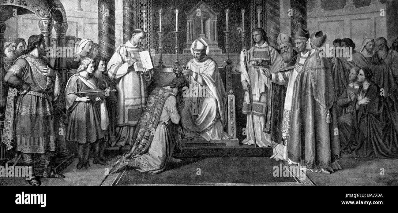 Pepin III 'The Short', 714 - 24.9.768, Re dei Franchi 751 - 768, incoronazione di San Bonifacio, incisione del legno dopo la pittura di Peter von Hess, Monaco di Baviera, 19th secolo, , Foto Stock