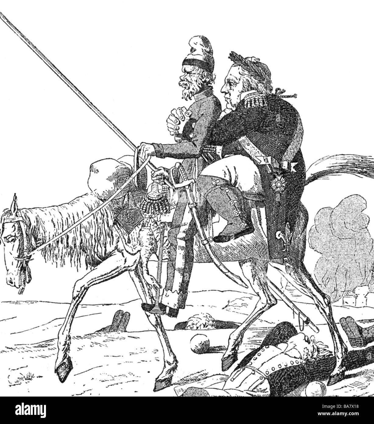 Luigi XVIII, 17.11.1755 - 16.9.1824, Re di Francia 2.4.1814 - 16.9.1824, caricatura, ritorno con l'aiuto di un cosacco, disegno, 1815, , Foto Stock