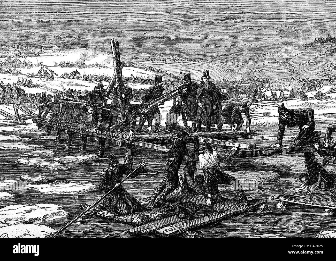 Eventi, Guerra della Sesta Coalizione 1812 - 1814, campagna russa 1812, il francese che attraversa la Beresina, 26.- 28.11.1812, ingegneri del generale Jean Baptiste Eble costruire ponti, incisione del legno dopo Philippoteaux, 19th secolo, Guerre Napoleoniche, Russia, ritiro, esercito, fiume, ghiaccio, inverno, storico, storico, persone, Foto Stock