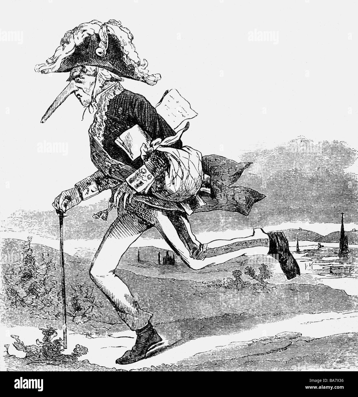 Metternich, Klemens Wenzel Prince, 15.5.1773 - 11.6.1859, politico austriaco, caricatura per licenziamento e volo, 13.3.1848, 'la Costituzione è in movimento', disegno, 1848, Foto Stock