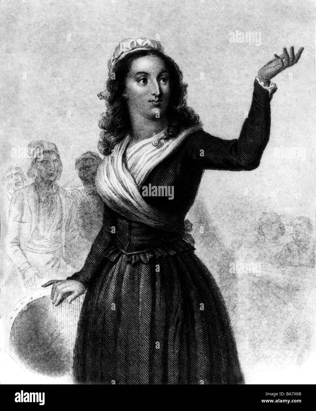 Maria Antonietta, 2.11.1755 - 16.10.1793, regina consorte di Francia 10.5.1774 - 21.9.1792, a mezza lunghezza e al processo rivoluzionario 14. / 15.10.1793, incisione su rame da Bosselmann, dopo il disegno da Raffat, artista del diritto d'autore non deve essere cancellata Foto Stock