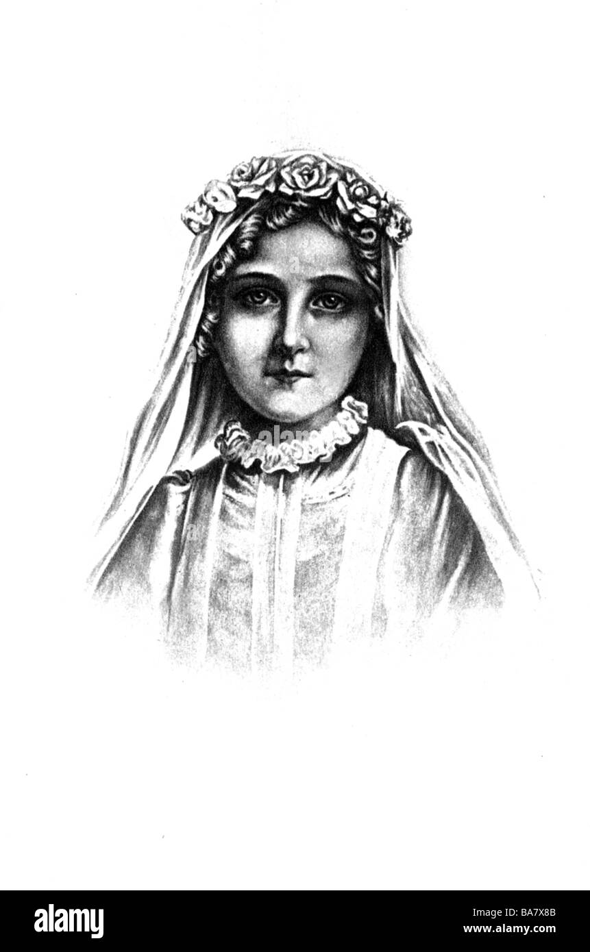 Teresa de Lisieux (il piccolo fiore di Gesù), 2.1.1873 - 30.9.1897, santa francese, Vergine e Dottore della Chiesa, ritratto, come novizio di comunione, collotipia, circa 1900, Foto Stock