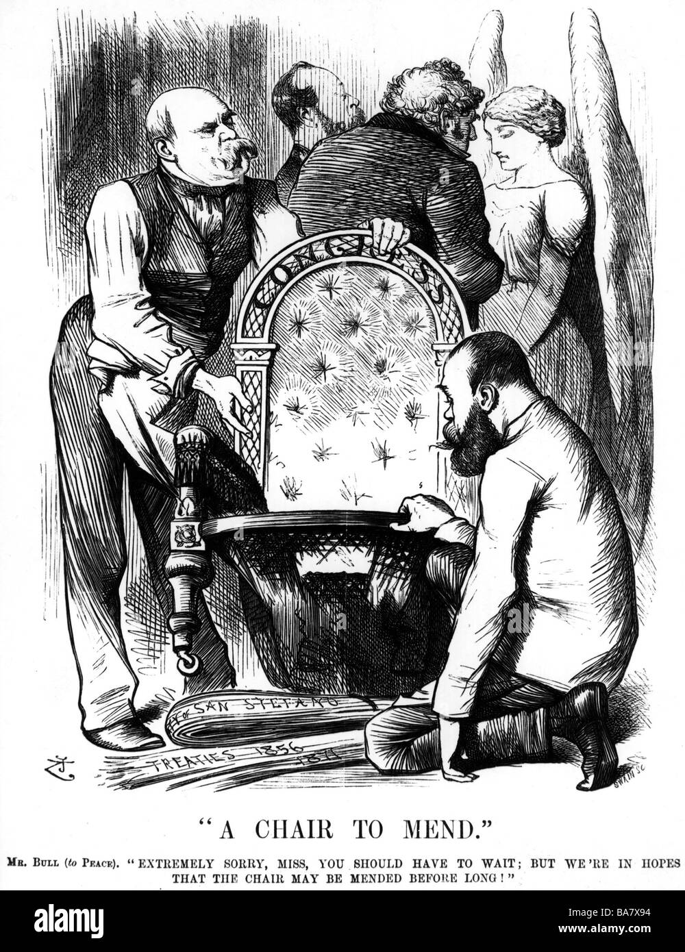 Bismarck, otto von, 1.4.1815 - 30.7.1898, politico tedesco, Cancelliere 21.3.1871 - 20.3.1890, caricatura, 'una sedia da mend', disegno, 'Punch', 20.4.1878, , Foto Stock