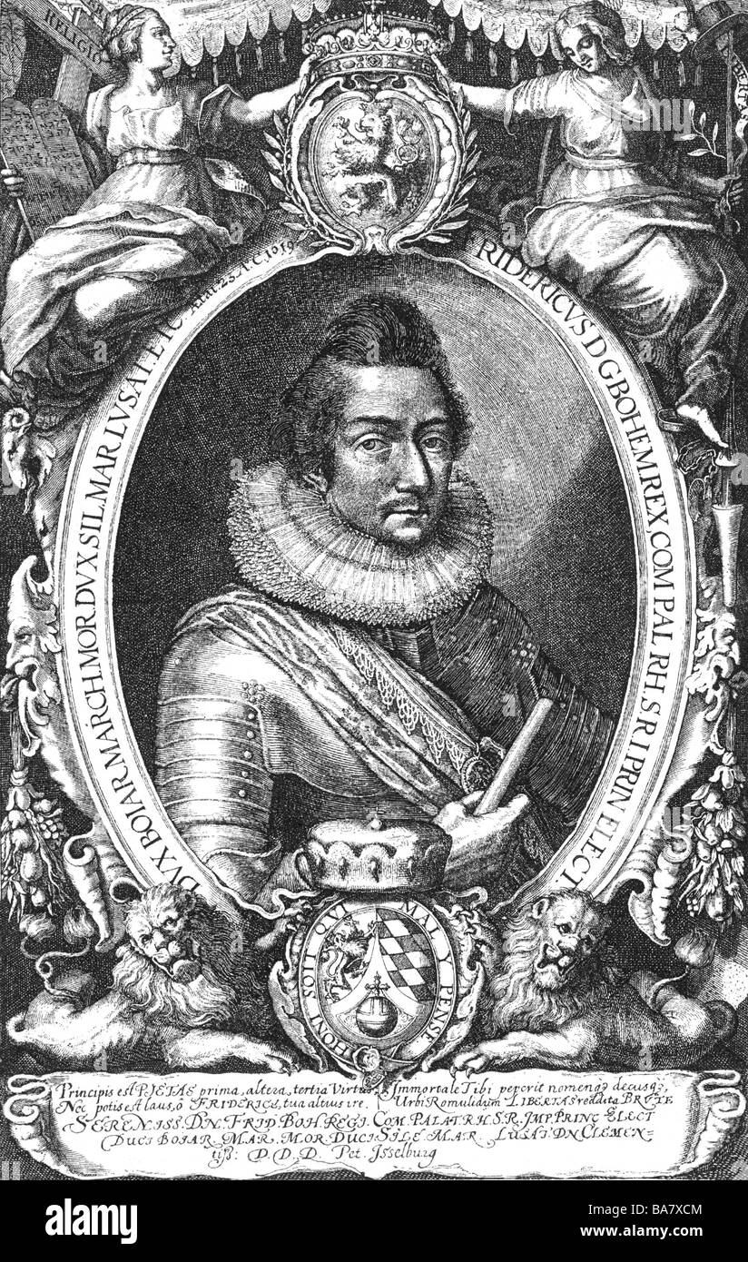 Frederick V, 16.8.1596 - 21.11.1632, Elettore Palatino 1610 - 1623, Re di Boemia 1619 - 1620 (come Federico I), ritratto con telaio, incisione su rame di Peter Isselburg, circa 1620, artista del diritto d'autore non deve essere cancellata Foto Stock