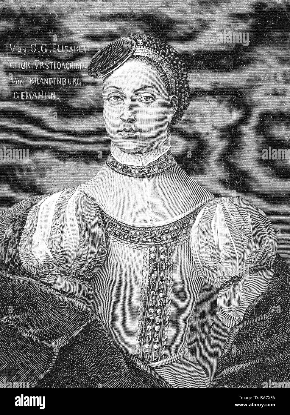 Elisabetta di Danimarca, Norvegia e Svezia, 24.6.1485 - 10.6.1555, Electress di Brandeburgo dal 10.4.1502, a mezza lunghezza e incisione su legno, secolo XIX, dopo la pittura contemporanea, Hohenzollern Museum di Berlino, artista del diritto d'autore non deve essere cancellata Foto Stock