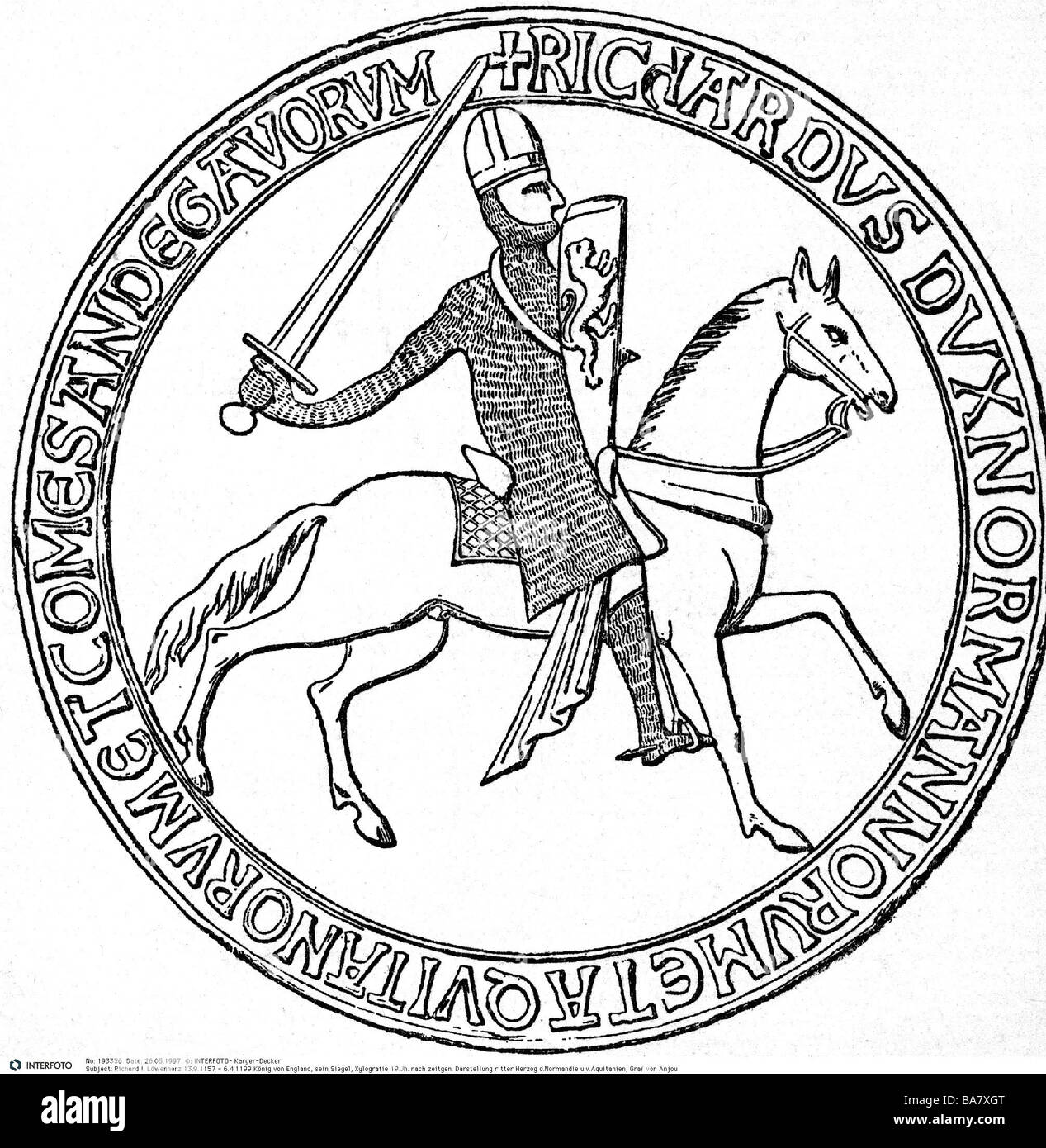 Richard i 'The Lionheart', 13.9.1157 - 6.4.1199, Re d'Inghilterra 1189 - 1199, sigillo, incisione in legno, 19th secolo, Foto Stock