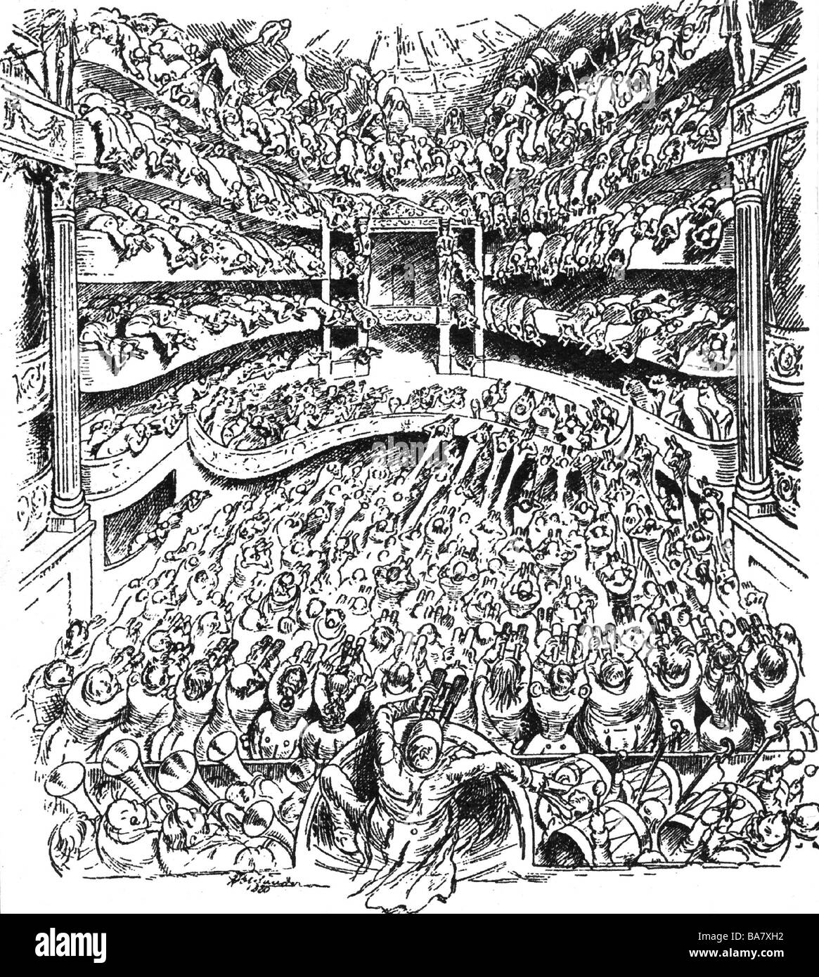 Wagner, Richard, 22.5.1813 - 13.2.1883, compositore tedesco, caricatura, esecuzione di una sua opera a Monaco, disegno di Oberlaender, Foto Stock