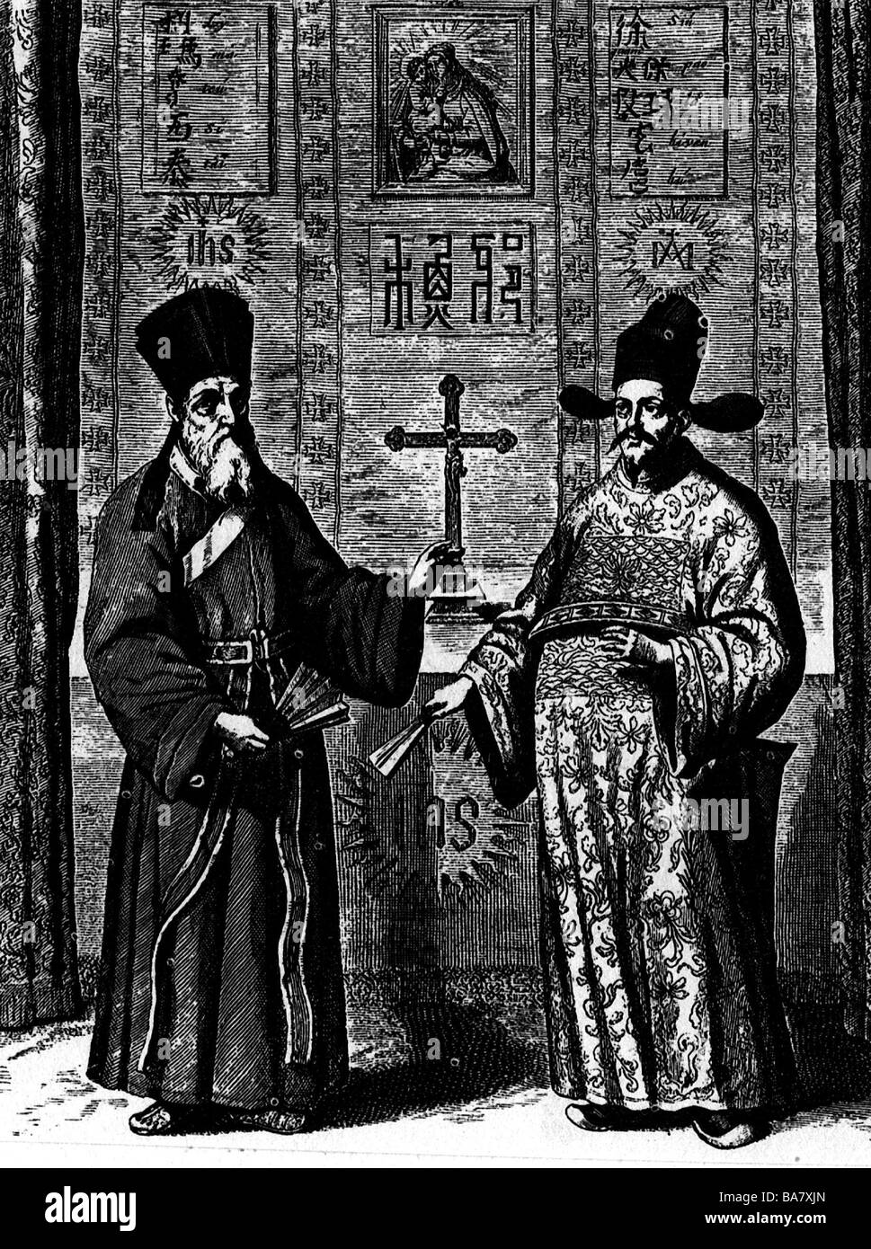 Ricci, Matteo, 6.10.1552 - 11.5.1610, Italiano sacerdote gesuita missionario in Cina a piena lunghezza (sinistra), con burocrate cinese Xu Guangqi, incisione su rame, circa 1600, artista del diritto d'autore non deve essere cancellata Foto Stock