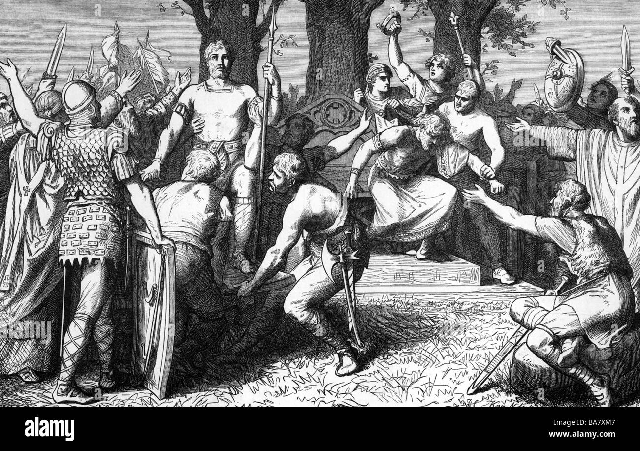 Pepin III 'The Short', 714 - 24.9.768, Re dei Franchi 751 - 768, la sua elezione a re e la deposizione di Childeric III a Soisson, incisione in legno, 19th secolo, , Foto Stock