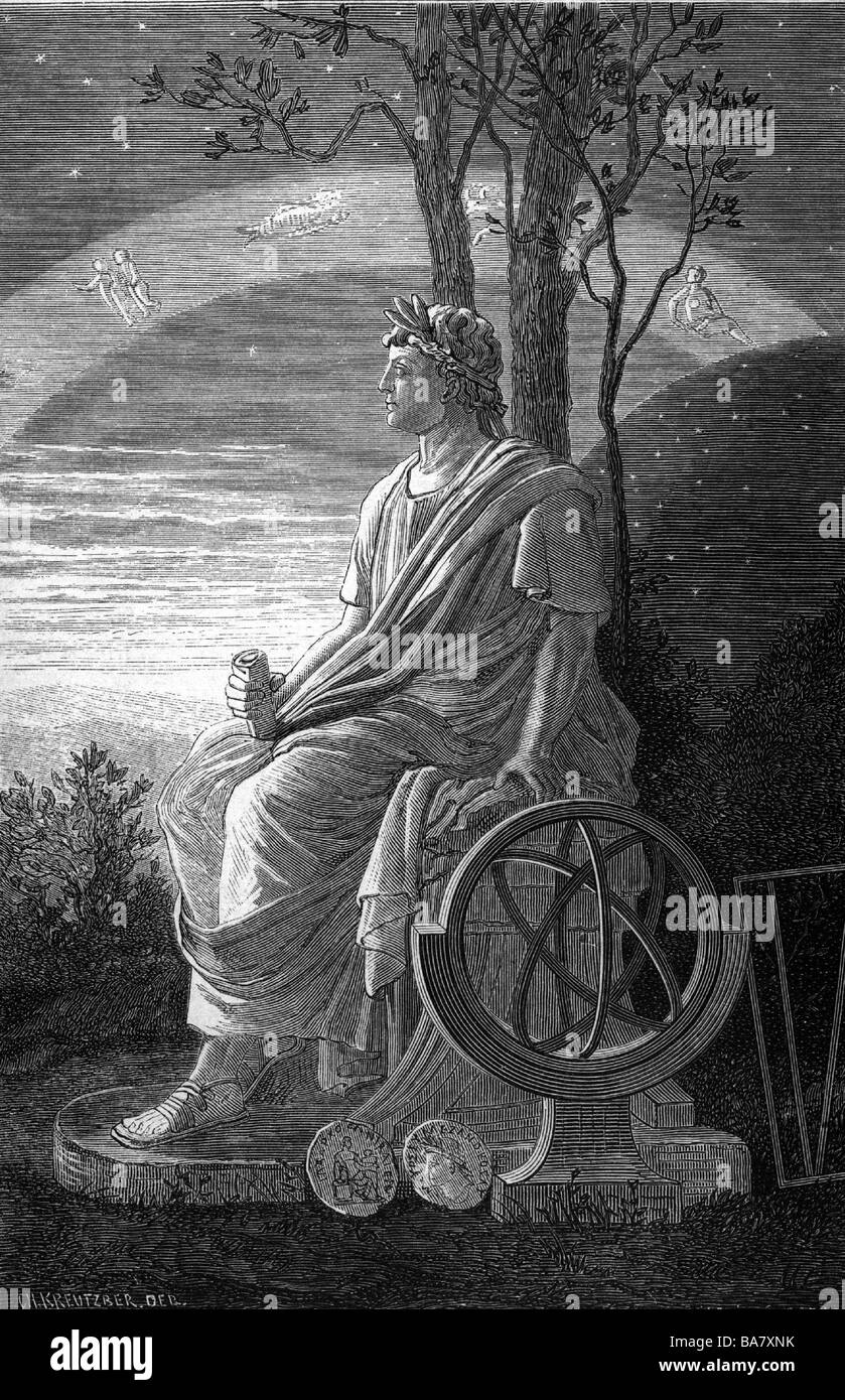 Hipparchus, circa 190 a.C. - circa 120 a.C., scienziato greco (astronomo, geografo, matematico), a tutta lunghezza, guardando il cielo, incisione del legno, Foto Stock
