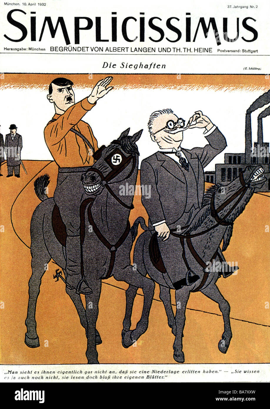 Politica, Germania, elezione 1932, caricatura di Adolf Hitler e Alfred Hugenberg, Simplicissimus, disegno di E. Schilling, Monaco, 10.4.1932, storico, storico, 20th secolo, 1930s, 30s, Repubblica di Weimar, NSDAP, DNVP, asino, cavallo, equitazione, stampa media, satira, giornale, coalizione, saluto nazista, popolo, Foto Stock