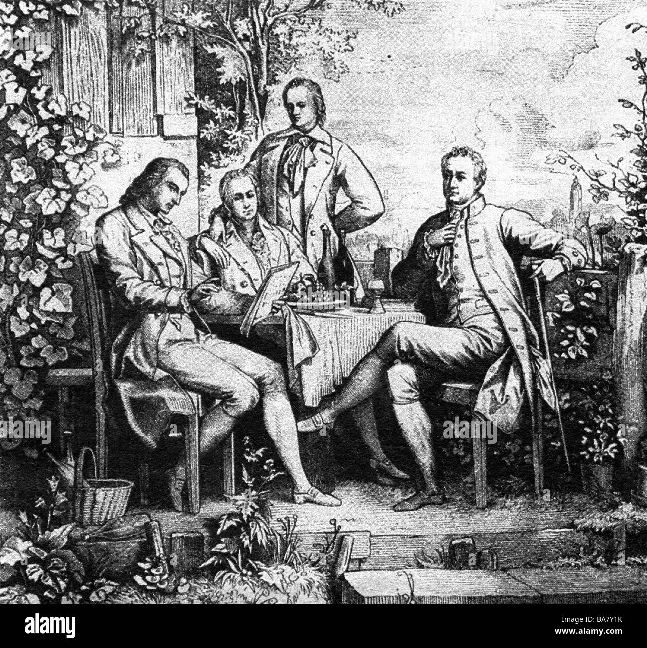 Humboldt, Alexander von, 14.9.1769 - 6.5.1859, scienziato tedesco (naturalista e geografo), a tutta lunghezza, con suo fratello Wilhelm (seduto), Johann Wolfgang von Goethe (a destra), a casa di Friedrich Schiller (a sinistra), incisione del legno, 19th secolo, Foto Stock