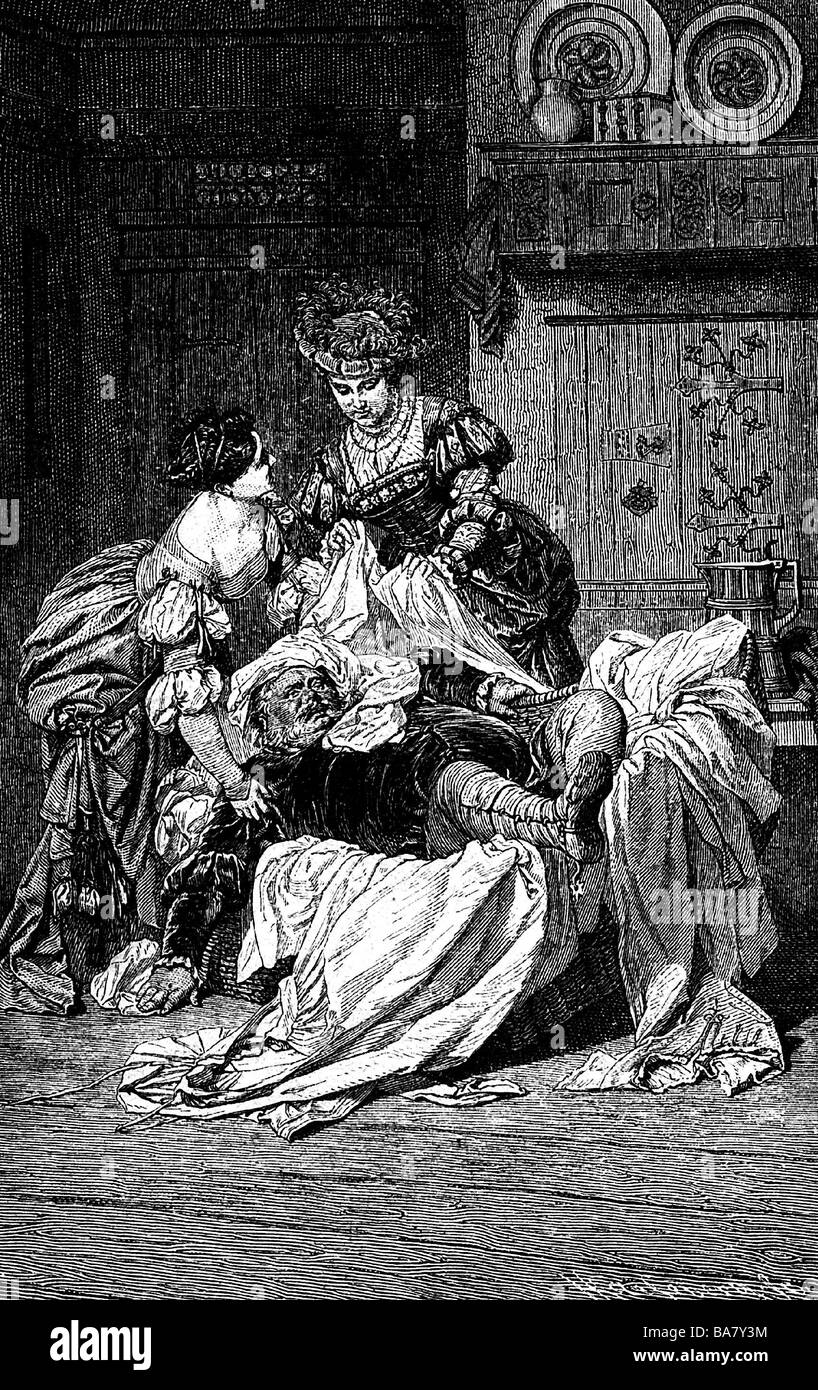 Shakespeare, William, 23.4.1564 - 23.3.4.1616, poeta inglese, opere, scena dal suo gioco 'Le Mogli di Windsor', incisione in legno di H. Lessow, 19th secolo, Foto Stock