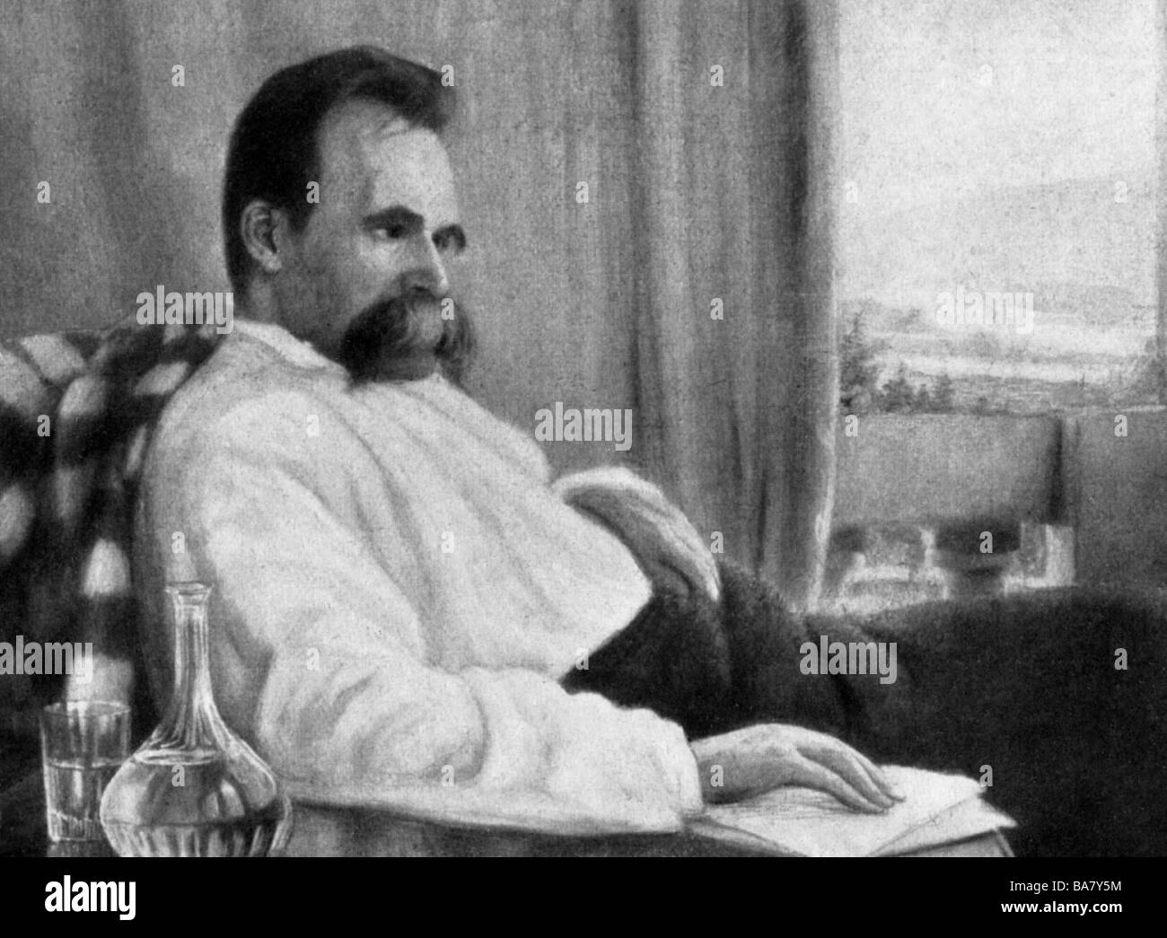 Nietzsche, Friedrich, 15.10.1844 - 25.8.1900, filosofo tedesco, autore / scrittore, a mezza lunghezza, incisione del legno dopo la pittura incompiuta, 19th secolo, , Foto Stock