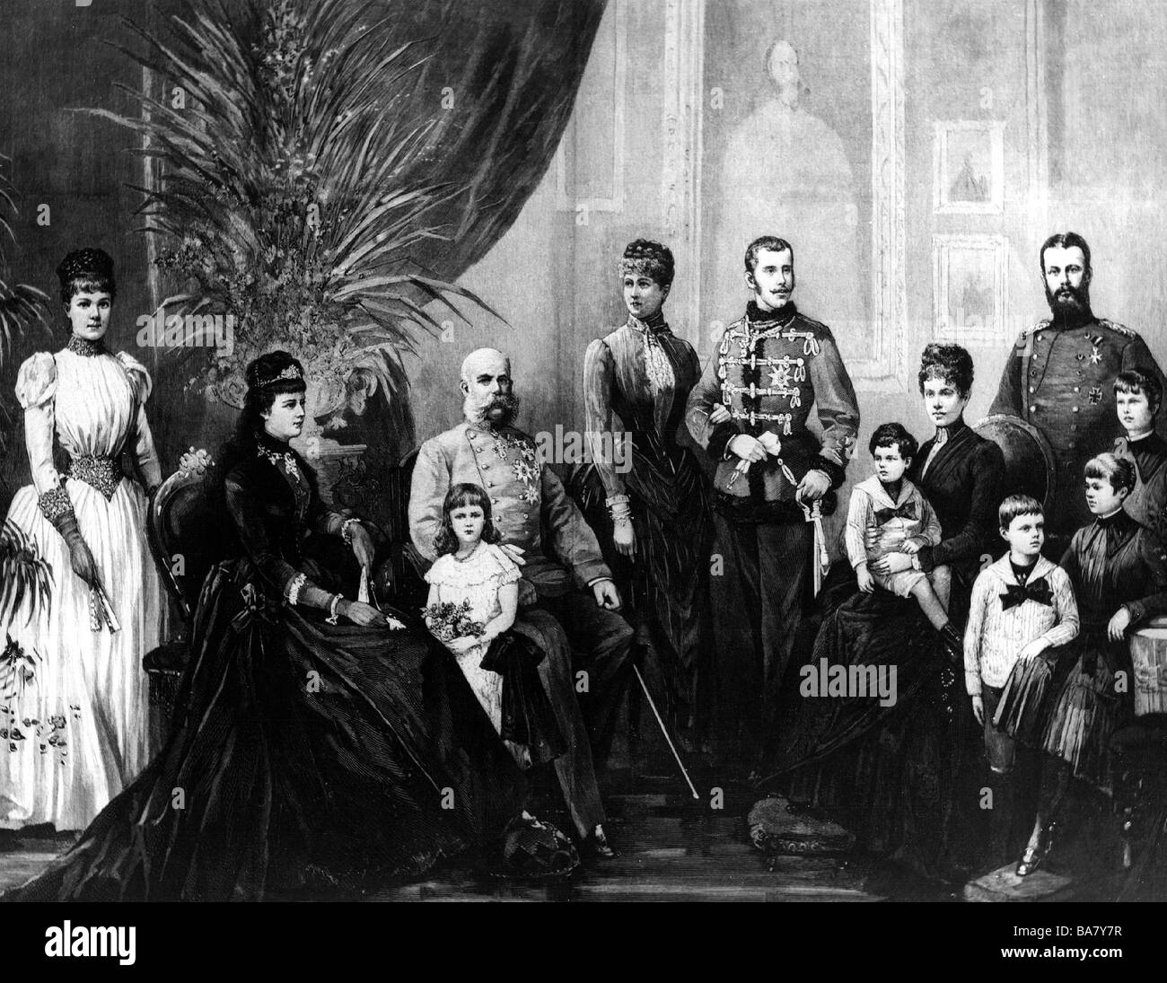 Franz Joseph i, 18.8.1830 - 21.11.1916, imperatore d'Austria dal 1848, con la sua famiglia, incisione in legno dopo disegno di Theodor Volz, 1889, Foto Stock