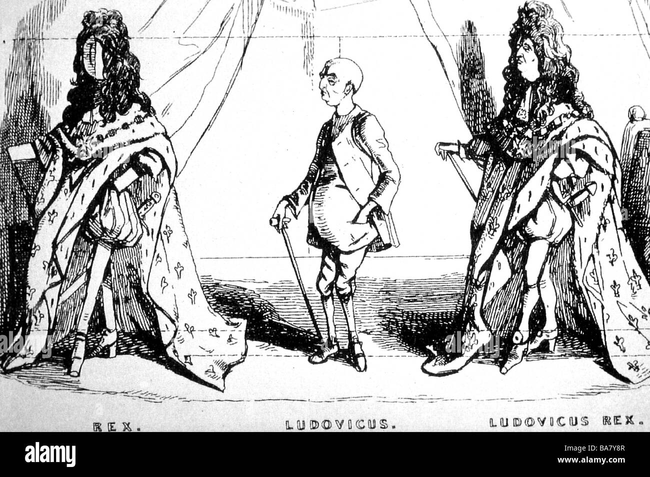 Luigi XIV, 5.9.1638 - 1.9.1715, Re di Francia 1643 - 1715, lunghezza intera, caricatura, i vestiti fanno il re, attingendo da 'lo Sketchbook di Parigi' da Titmarsh (W. Thackeray), 1840, 'uno studio storico', frontespiece, di William Makepeace, Foto Stock