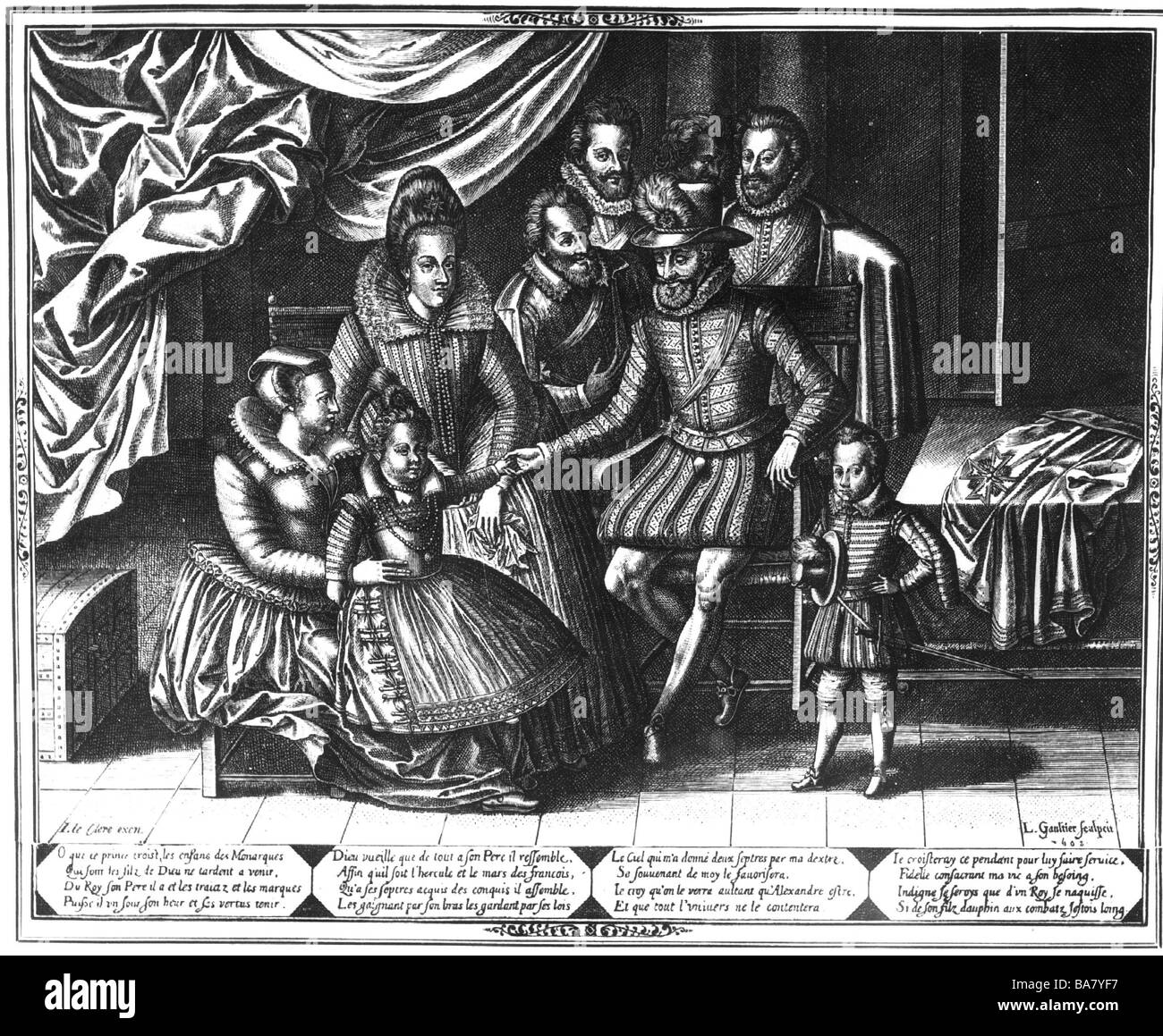 Henri IV, 13.12.1553 - 14.5.1610, Re di Francia 27.2.1594 - 14.5.1610, a piena lunghezza e con la sua famiglia e la sua corte servi, incisione su rame da Leonard Gautier, 1602, artista del diritto d'autore non deve essere cancellata Foto Stock
