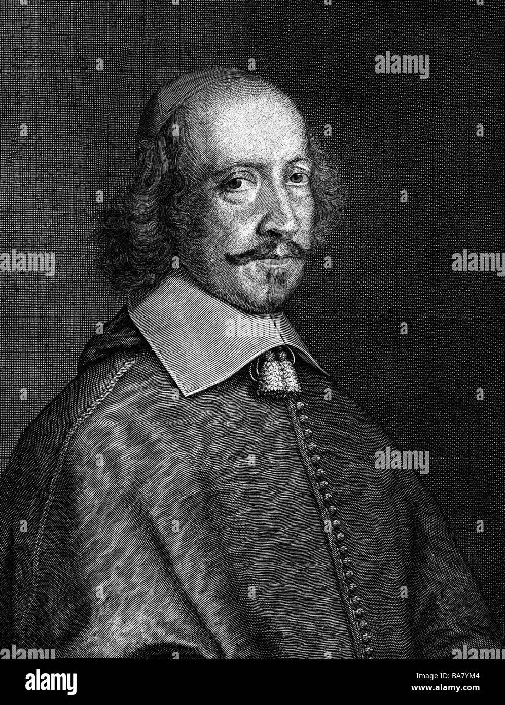 Mazarin, Jules, 14.7.1602 - 9.3.1661, politico francese il cardinale 1641, testa ministro 1643 - 1661, a mezza lunghezza e contemporanea incisione in rame da Robert Nanteuil, secolo XVII, artista del diritto d'autore non deve essere cancellata Foto Stock