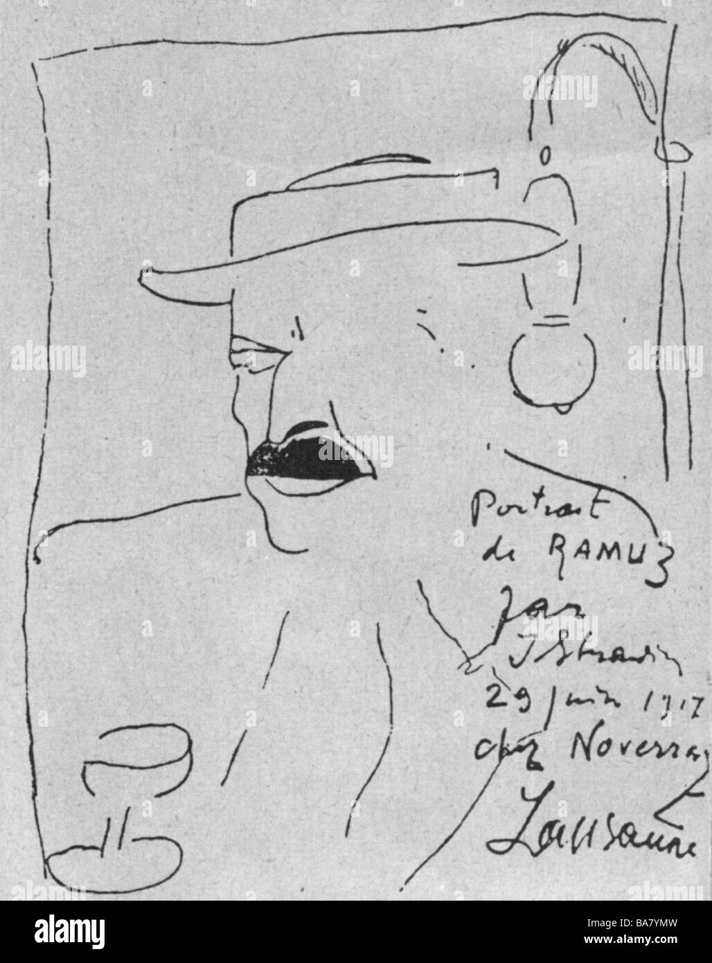 Ramuz, Charles Ferdinand, 24.9.1878 - 23.5.1947, autore/scrittore svizzero, disegno di Igor Stravinsky, Losanna, 29.6.1917, , Foto Stock