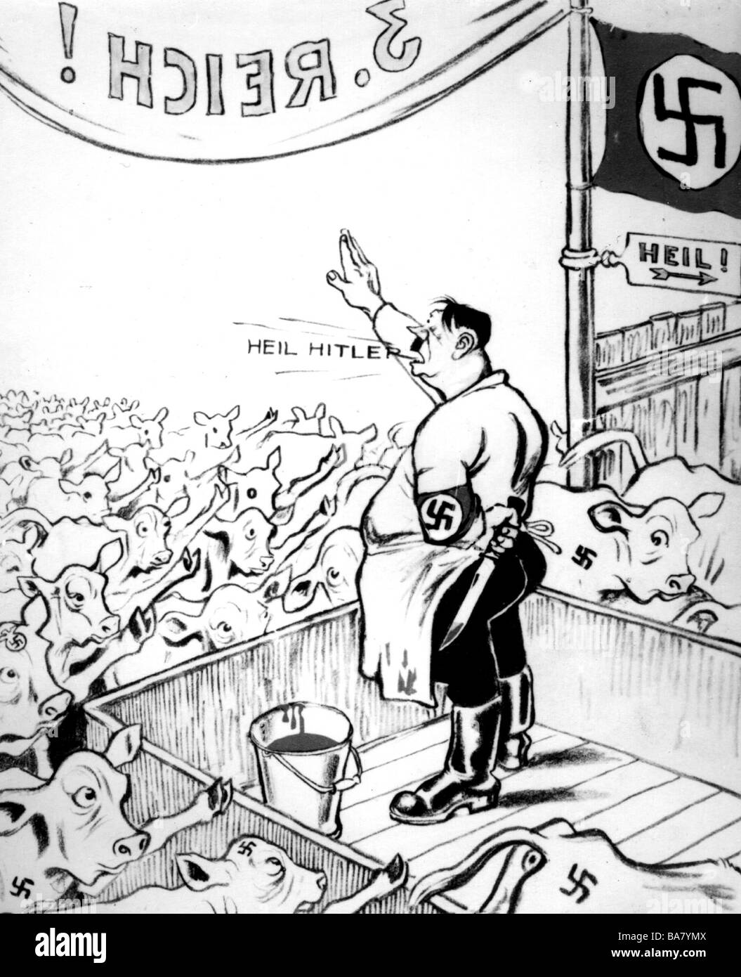 Hitler, Adolf, 20.4.1889 - 30.4.1945, politico tedesco (NSDAP), cancelliere di Fuehrer e Reich dal 1933, caricatura, disegno di Hermann, da "Roter Pfeffer", 1932, a tutta lunghezza, Foto Stock