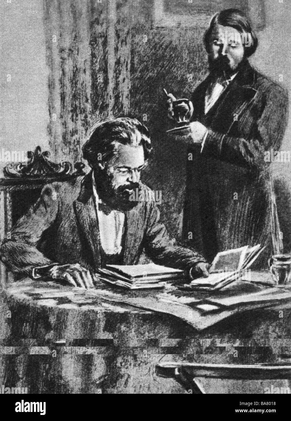Marx, Karl, 5.1818 - 14.3.1883, filosofo e giornalista tedesco, a metà lunghezza, con Friedrich Engels, che lavora, disegnando N. N. Zhukov, 20th secolo, Foto Stock