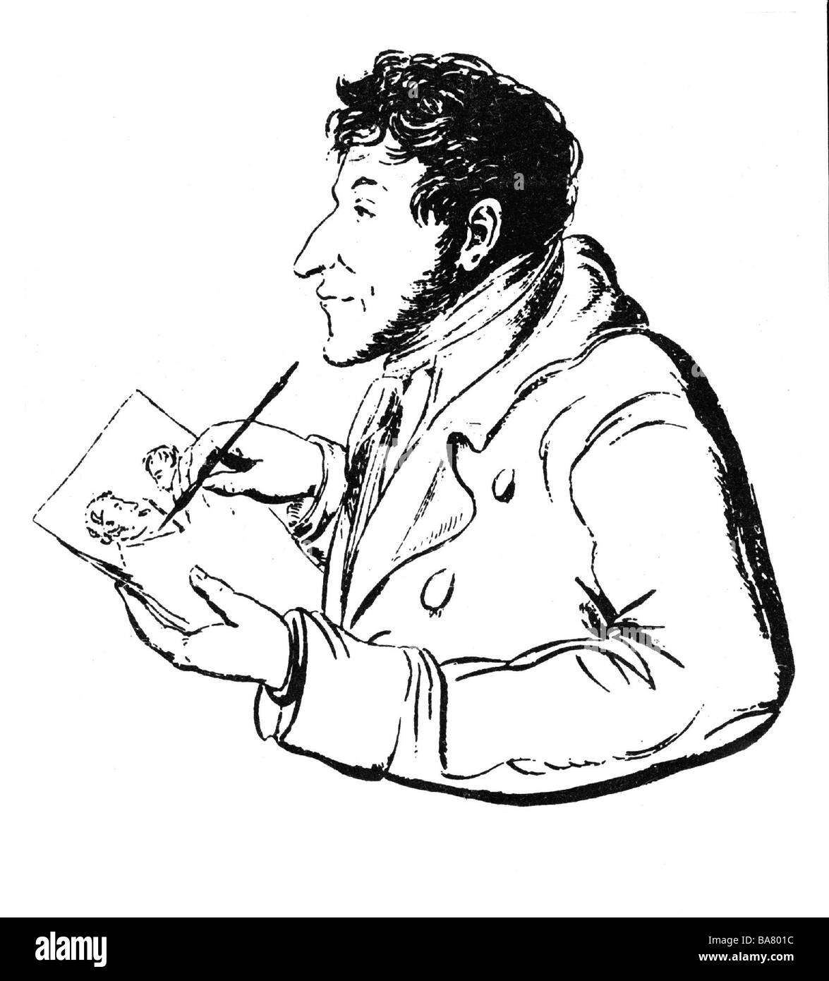 Hoffmann, E.T.A., 24.1.1776 - 25.6.1822, autore/scrittore tedesco (poeta), a mezza lunghezza, legno tagliato, autoritratto, Foto Stock