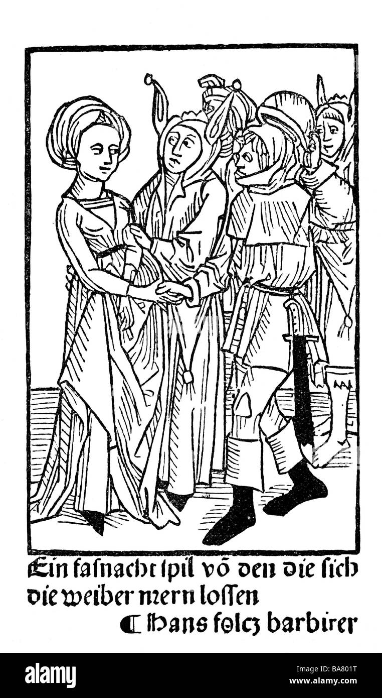 Folz, Hans, circa 1435/1440 - 1513, autore/scrittore tedesco, opere, Fastnachtspiel (gioco di carnevale), titolo, woodcut, Norimberga, circa 1480, Foto Stock