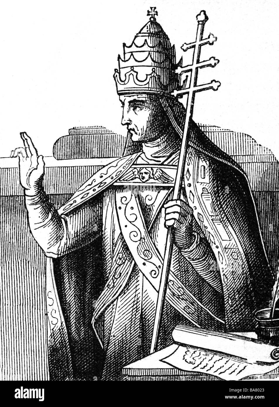 Gregorio i 'il Grande' (Anicius Gregorius), circa 540 - 12.3.604, papa 3.9.590 - 12.3.604, a mezza lunghezza, incisione in legno, 19th secolo, , Foto Stock