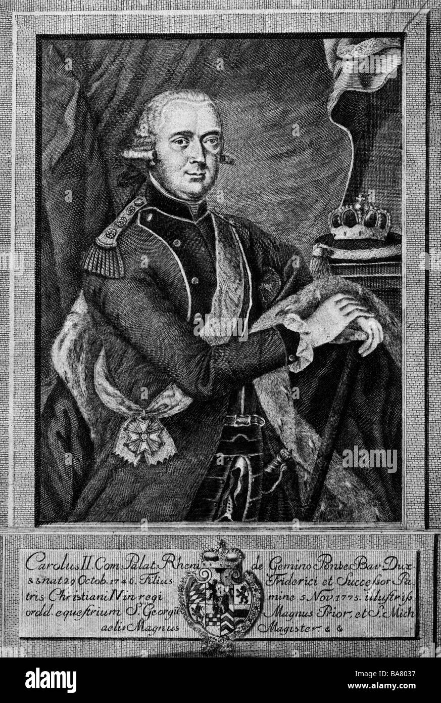 Carlo III Agosto, 29.10.1746 - 1.4.1795, duca di Zweibruecken 1775 - 1795, a mezza lunghezza e in uniforme, incisione su rame da Giuseppe Zimmermann, Staatliche Sammlung, Monaco di Baviera, artista del diritto d'autore non deve essere cancellata Foto Stock