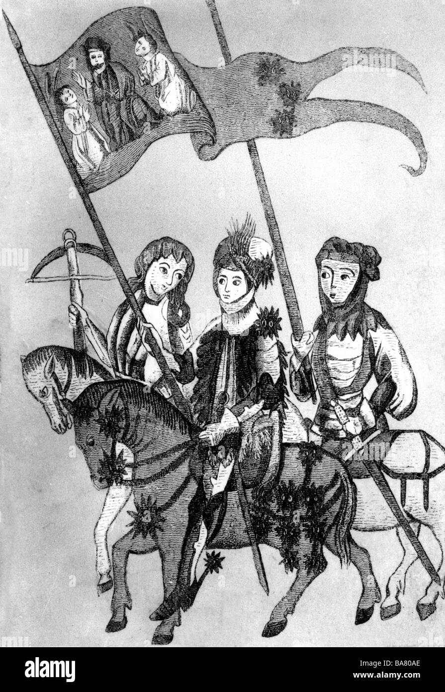 Giovanna d'Arco, 6.1.1412 - 30.5.1431, eroina nazionale francese, a mezza lunghezza, con scudiero e balestre, legno tagliato dopo arazzo, Orleans, Foto Stock