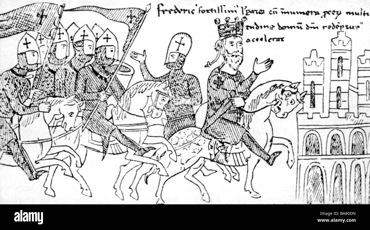Federico i 'Barbarossa', circa 1122 - 10,6.1190, Re di Germania, Sacro Romano Imperatore 18.6.1155 - 10,6.1190, a mezza lunghezza, durante la crociata in Terra Santa, 1189/1190, disegnando dopo miniatura, 13th secolo, Foto Stock
