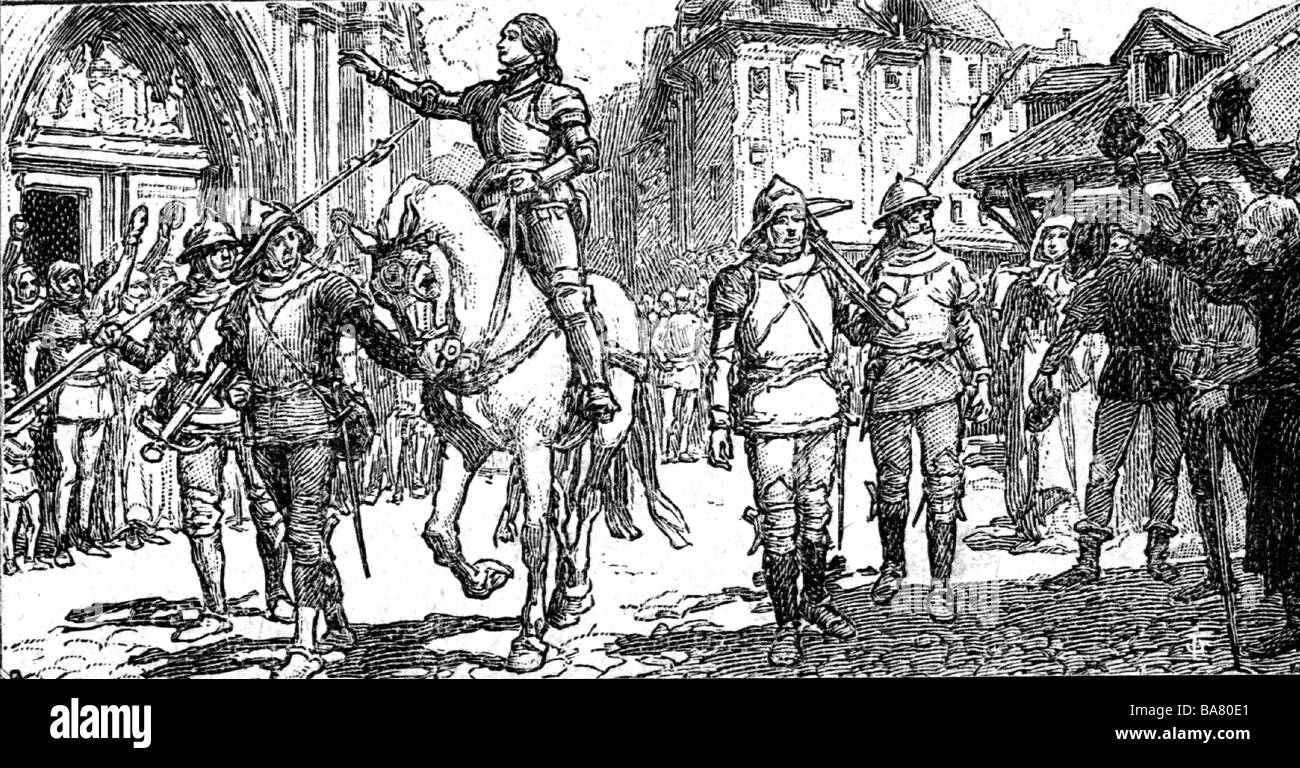 Giovanna d'Arco, 6.1.1412 - 30.5.1431, eroina nazionale francese, mezza lunghezza, la sua partenza all'esercito, legno tagliato, Foto Stock