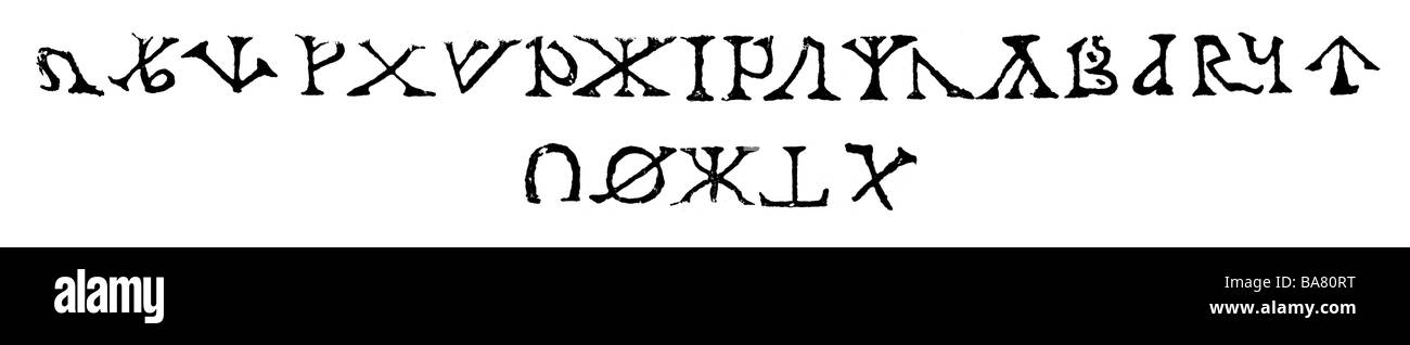 Scrittura, Scrittura, alfabeto gotico di Wulfila (Ulfilas), 4th secolo, incisione del legno, 19th secolo, lettere, mondo antico, antichità, Gemanics, Goti, storico, storico, mondo antico, Foto Stock
