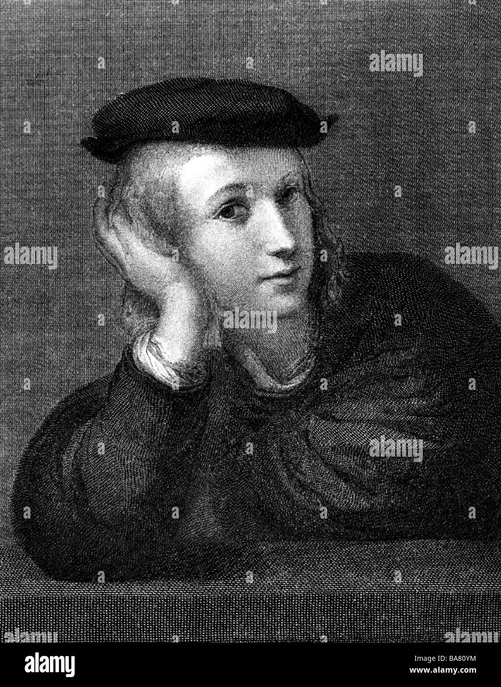 Raffaello, Sanzio da Urbino, 6.4.1483 - 6.4.1520, pittore italiano, ritratto, incisione di Edouard Mandel, dopo l'autoritratto di Raffaello, Foto Stock