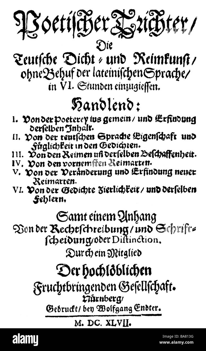 Harsdörffer, Georg Philipp, 1.11.1607 - 17.9.1658, autore/scrittore tedesco, opera 'Poetischer Trichter' (imbuto Poetico), titolo, prima edizione, Norimberga, 1647, Foto Stock Harsdörffer, Georg Philipp, 1.11.1607 - 17.9.1658, autore/scrittore tedesco, opera 'Poetischer Trichter' (imbuto Poetico), titolo, prima edizione, Norimberga, 1647, Foto Stock