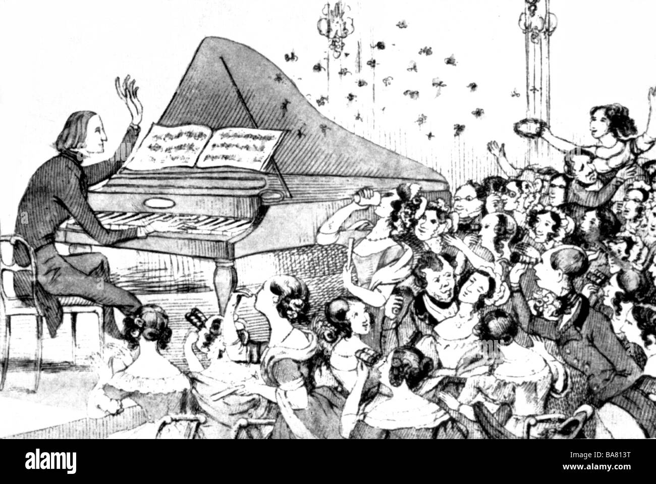Liszt, Franz, 22.10.1811 - 31.7.1886, compositore ungherese, caricatura, che ha tenuto un concerto a Berlino nel 1842, disegnato da Theodor Hosemann, Foto Stock
