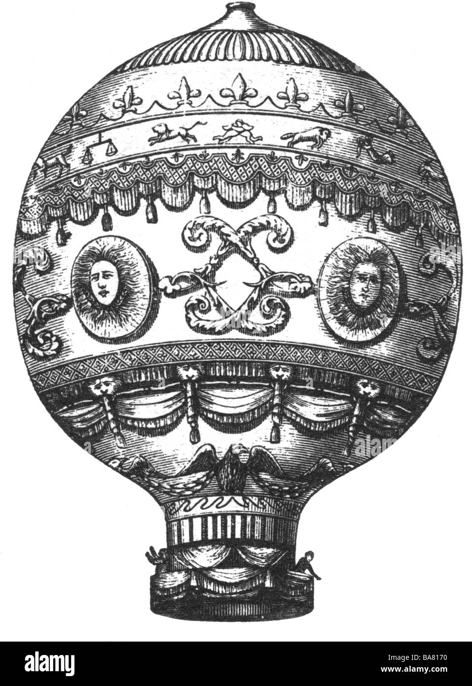 Trasporti / trasporto, aviazione, palloncini, ballon all'aria calda dei fratelli Joseph Michel e Jacques Etienne Montgolfier, 1783, Foto Stock