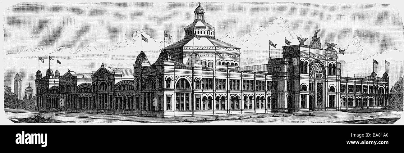 Mostre, esposizione mondiale, Chicago, esposizione mondiale colombiana, 1.5.1893 - 31.10.1893, costruzione, incisione del legno, Brockhaus Encyclopedia, volume 14th, 1892 - 1895, Illinois, USA, Jackson Park, Nord America, 19th secolo, storico, storico, Germania, Foto Stock