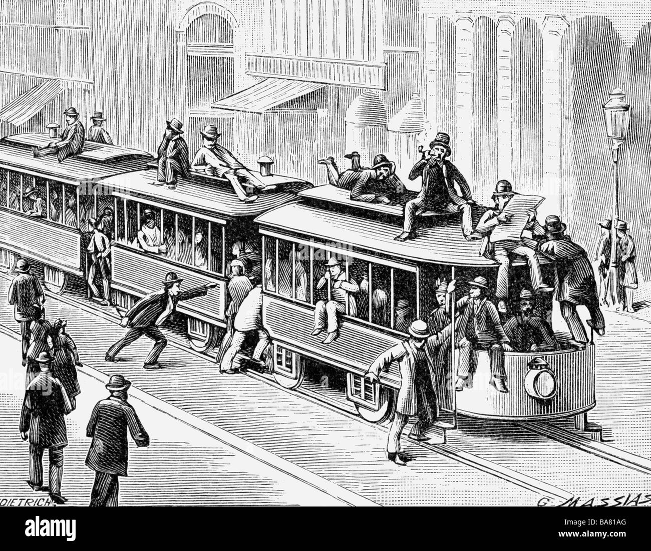 Trasporti / trasporti, trasporto pubblico, tram a Chicago durante l'esposizione mondiale, incisione del legno, 1893, Foto Stock