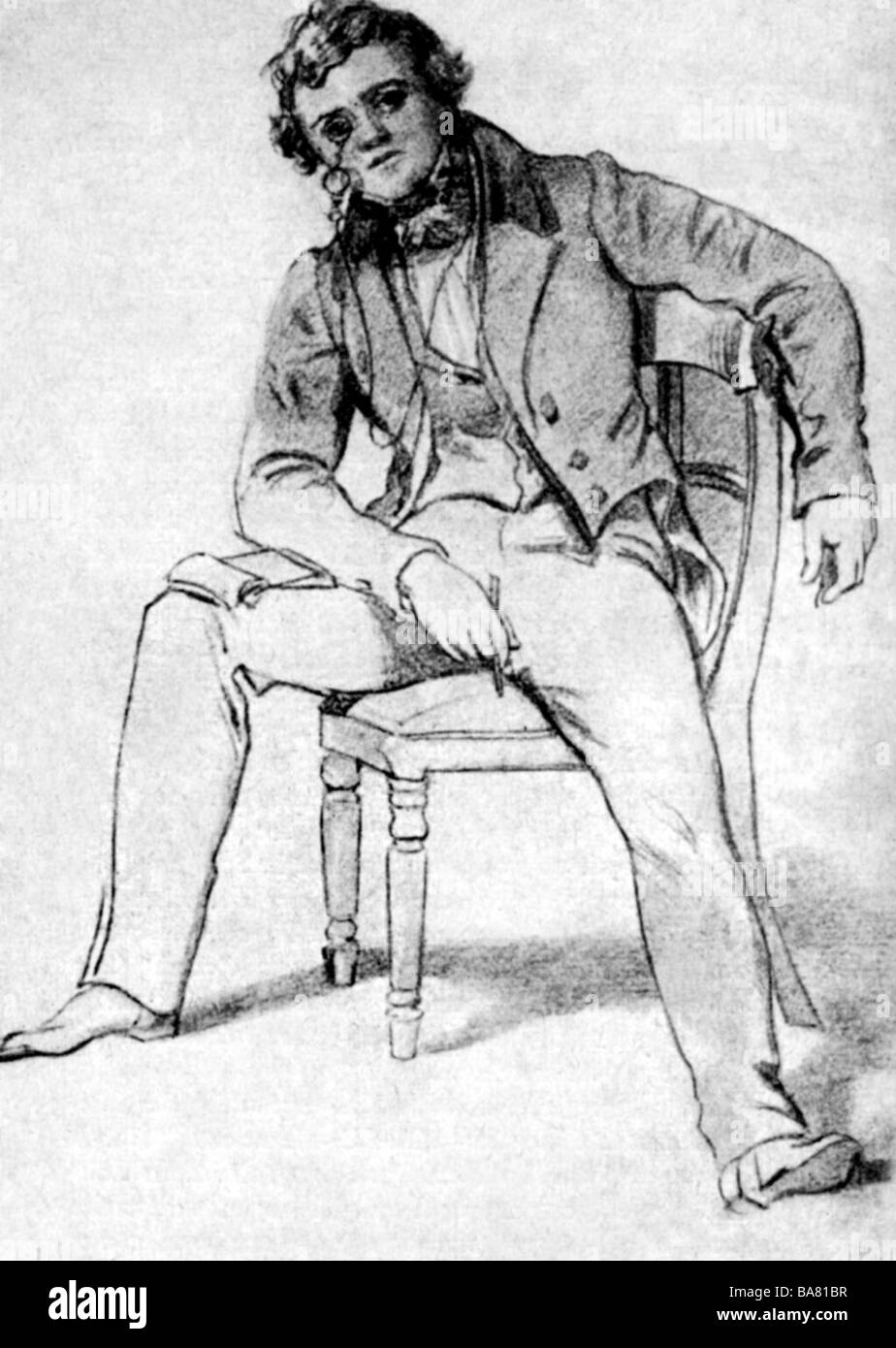 Thackeray, William Makepeace, 18.7.1811 - 24.12.1863, autore/scrittore britannico, a metà lunghezza, seduto, a cura di Daniel Maclise, 1832, Foto Stock