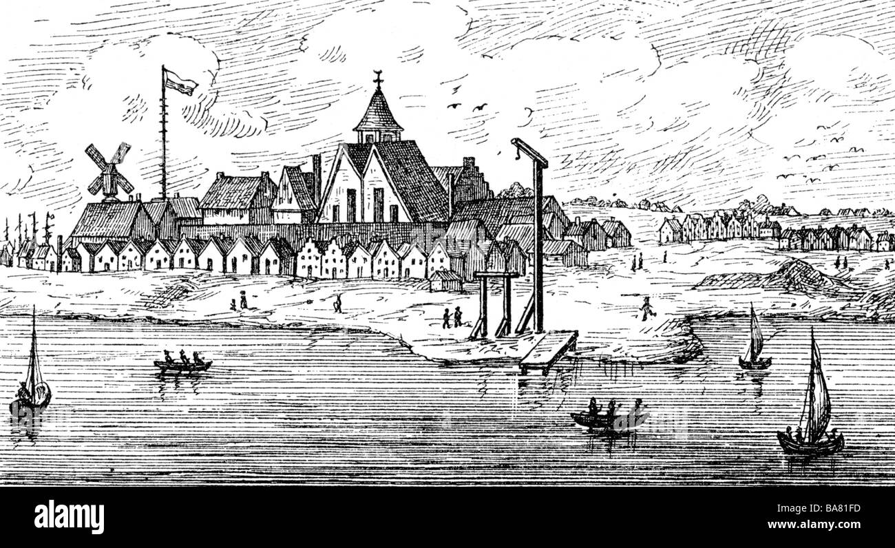 Geografia / viaggio, Stati Uniti, New York City, vista di New Amsterdam su isola di Manhatten, incisione di rame, metà 17th secolo, colonizzazione, Olanda, West India Company olandese, colonia, America, 17th secolo, storico, storico, persone, Foto Stock