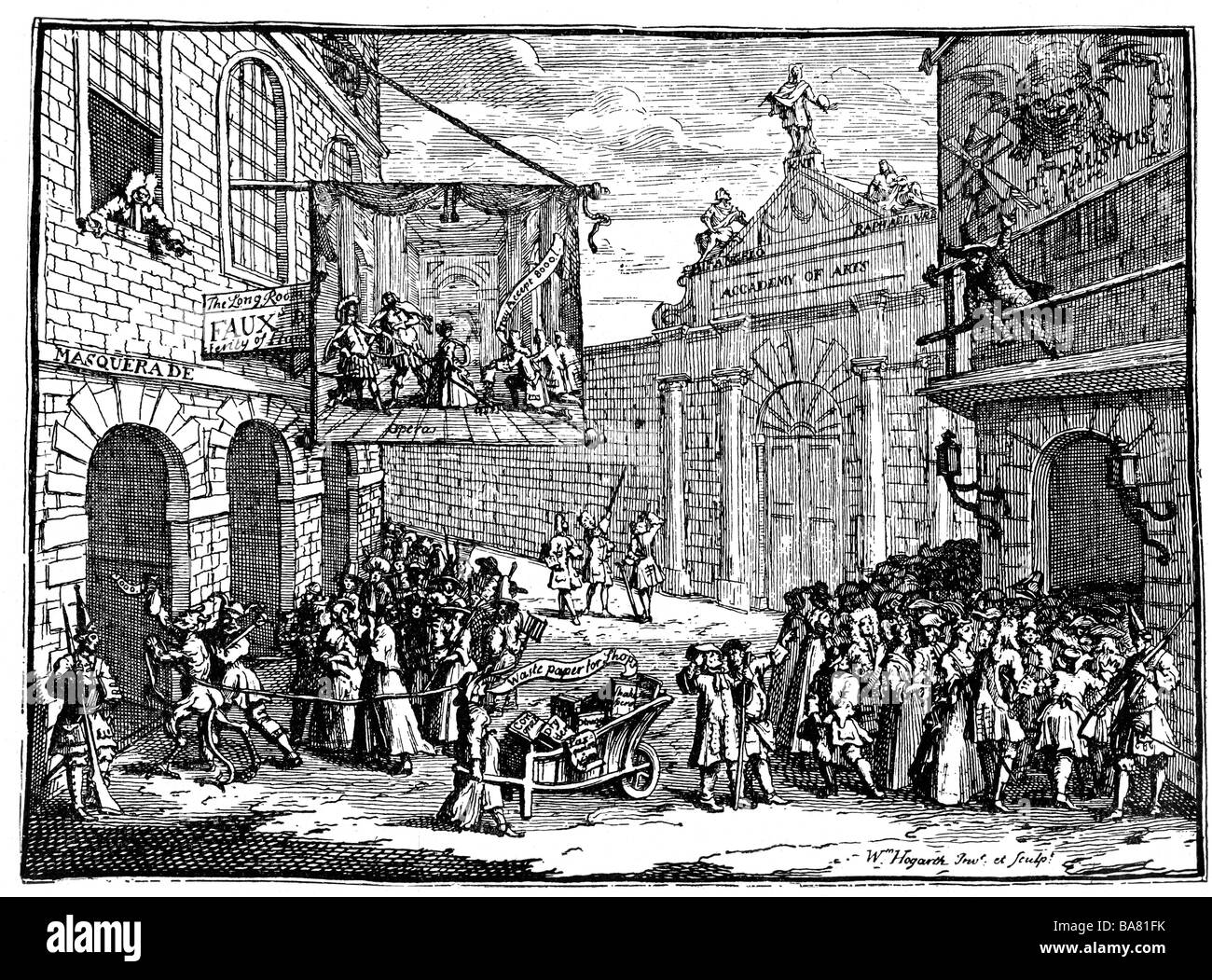 Teatro, Opera, caricatura, 'Masquerades e opere liriche', incisione su rame di William Hogarth, 1723 , artista del diritto d'autore non deve essere cancellata Foto Stock