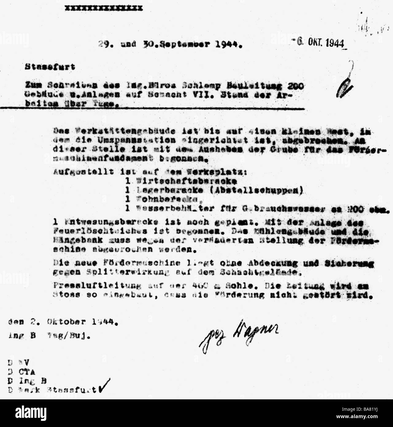Nazismo / nazionalsocialismo, crimini, campi di concentramento, Neu-Stassfurt, sottopagamento 'Reh' di Buchenwald, documenti, stato della costruzione, 2.10.1944, , Foto Stock