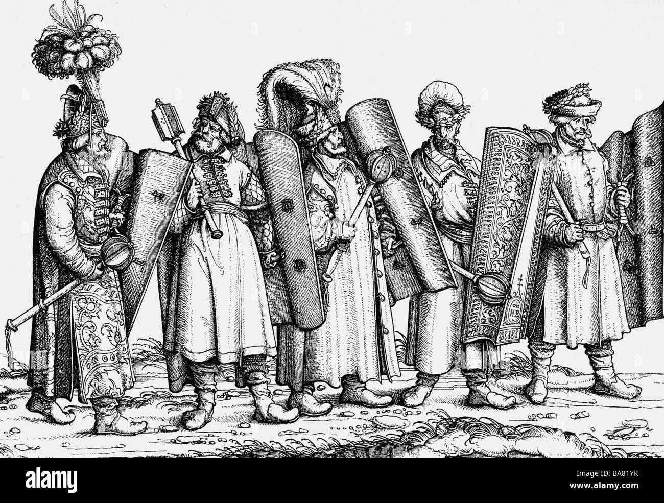 Militare, Ungheria, guerrieri ungheresi, legno di Hans Burgkmair,'Trionfo dell'imperatore Massimiliano i', 1516 - 1518, , Foto Stock