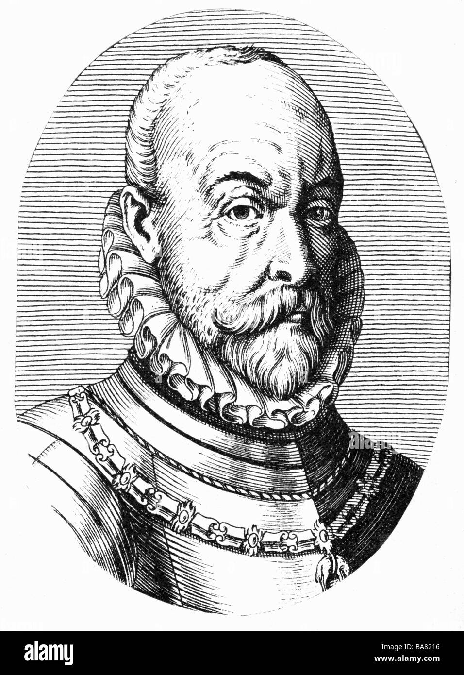 Mansfeld, Peter Ernst I conte di, 12.8.1517 - 23.5.1604, il generale tedesco, Governatore dei Paesi Bassi Spagnoli 1592 - 1594, ritratto, incisione su rame, risalente alla fine del XVI secolo , artista del diritto d'autore non deve essere cancellata Foto Stock